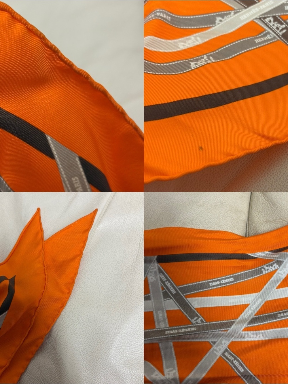 VTG HERMES Bolduc Triangle Silk Scarf Orange Brown White Gray Ribbon - Picture 14 of 15